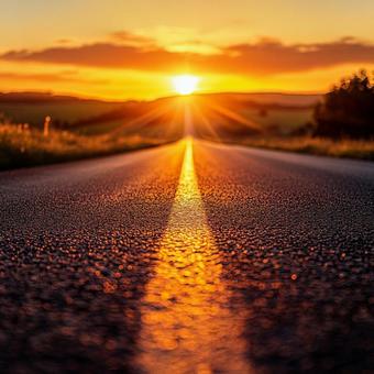 まっすぐ伸びる道と夕日の光景 まっすぐ伸びる道と夕日の光景の写真