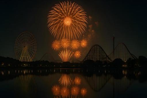 遊園地の夜の花火 遊園地の夜の花火の写真