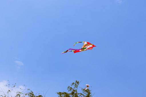 青空とカラフルな凧あげ 青空とカラフルな凧あげの写真
