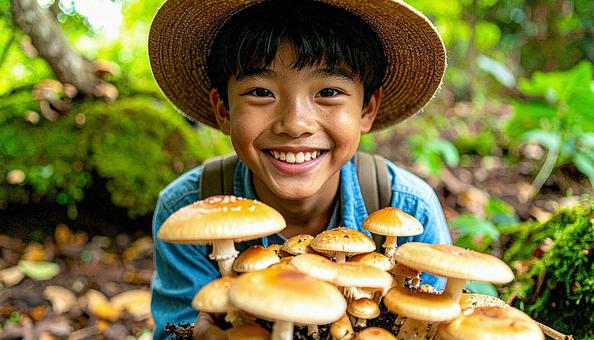きのこ狩り キノコを収穫して笑顔の男の子 きのこ狩り キノコを収穫して笑顔の男の子の写真