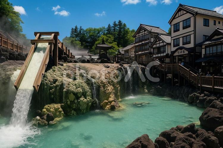 草津温泉 湯畑と源泉の風景・旅行・温泉地 草津温泉,湯畑,温泉地の写真素材