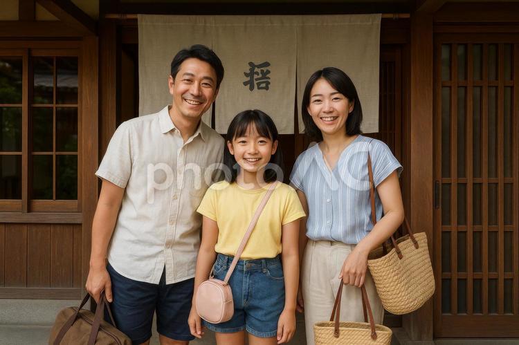 旅館の前で集合写真を撮る家族 日本人,家族,親子の写真素材