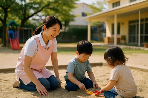 保育士と子どもの園庭遊び 保育士と子どもの園庭遊びの写真