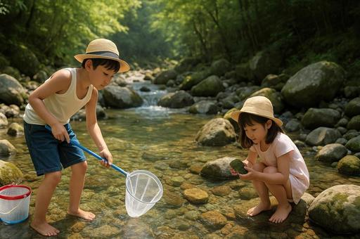 小川で魚を取る兄妹 小川で魚を取る兄妹の写真
