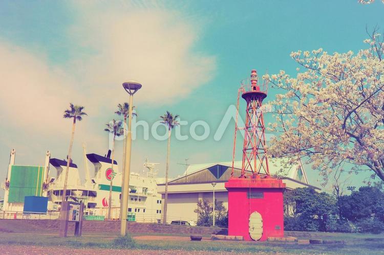鹿児島ウォーターフロントパークの灯台と桜 灯台,青空,春爛漫の写真素材