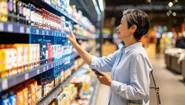 スーパーでホログラムを見て買い物中の女性の写真