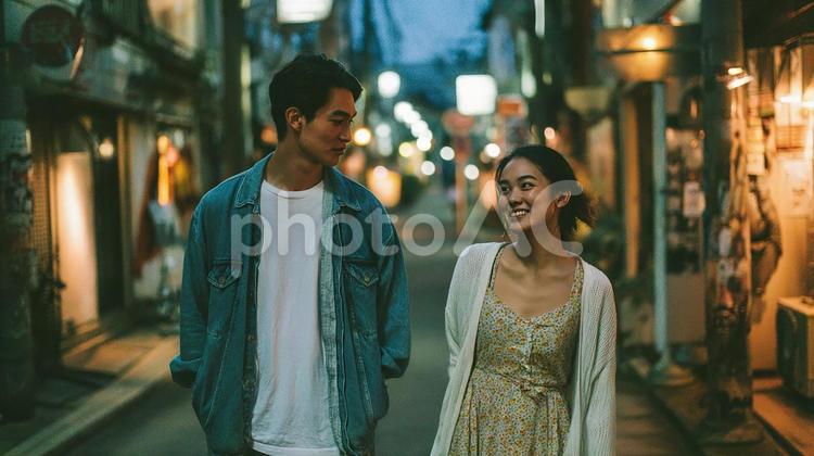 夜の街を楽しむ仲良しカップル カップル,男女,仲良しの写真素材