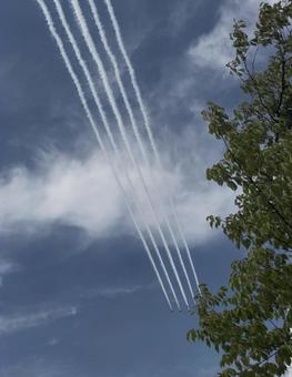 Photo, airplane, blue impulse, smoke, 