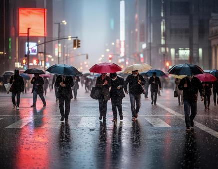 雨に濡れる都会の横断歩道シーン 雨に濡れる都会の横断歩道シーンの写真