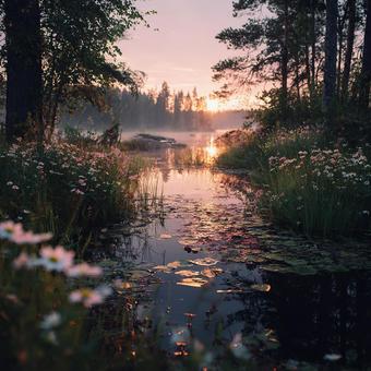 真夜中の太陽が照らす森の写真