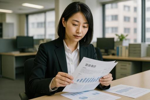 営業資料を確認する女性 営業資料を確認する女性の写真
