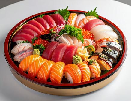 寿司桶に盛り付けられた寿司盛り合わせ 寿司桶に盛り付けられた寿司盛り合わせの写真