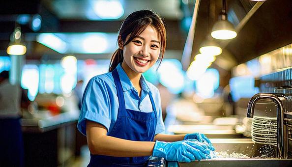 レストランの洗い場で皿を洗うスタッフ レストランの洗い場で皿を洗うスタッフの写真