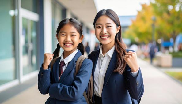 女子中学生とガッツポーズをとる中学の先生 女子中学生とガッツポーズをとる中学の先生の写真