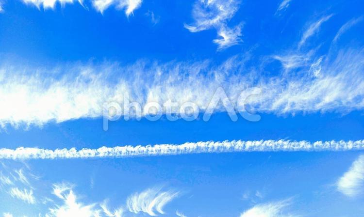 ほぐれてゆく飛行機雲 秋空,飛行機雲,青空の写真素材
