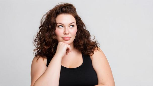 考えるポーズをとるグラマラスな女性 考えるポーズをとるグラマラスな女性の写真