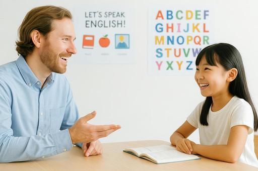 英会話塾で外国人講師と会話する小学生 英会話塾で外国人講師と会話する小学生の写真