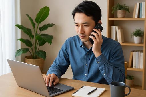 デスクで電話する男性 デスクで電話する男性の写真