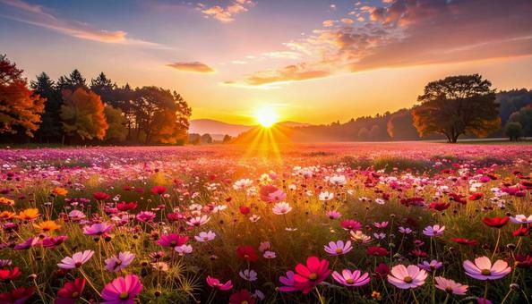 夕焼け空に映える秋のコスモス畑の写真