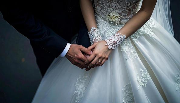 結婚式の日本人の新郎新婦 手を取り合う 結婚式の日本人の新郎新婦 手を取り合うの写真