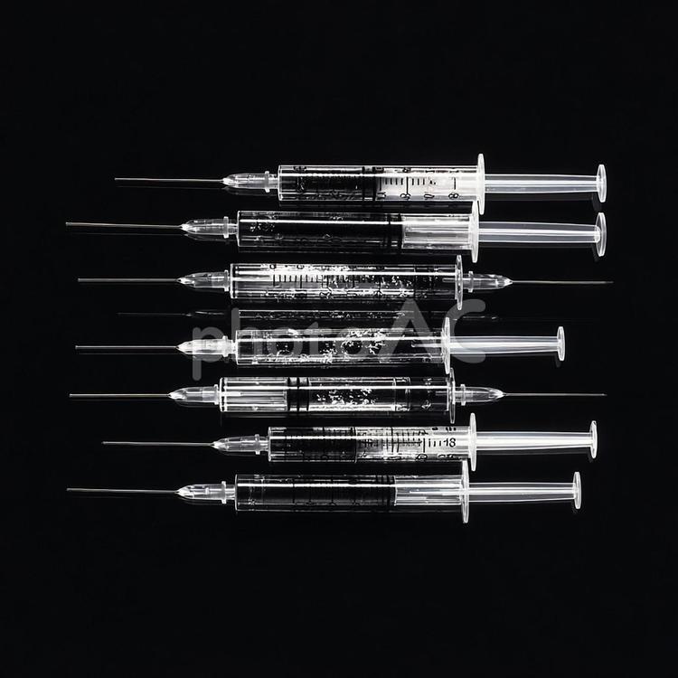 医療研究と健康を象徴する注射器の列 注射器,シリンジ,針の写真素材
