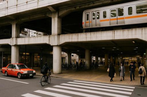 高架下の街並みと電車 高架下の街並みと電車の写真