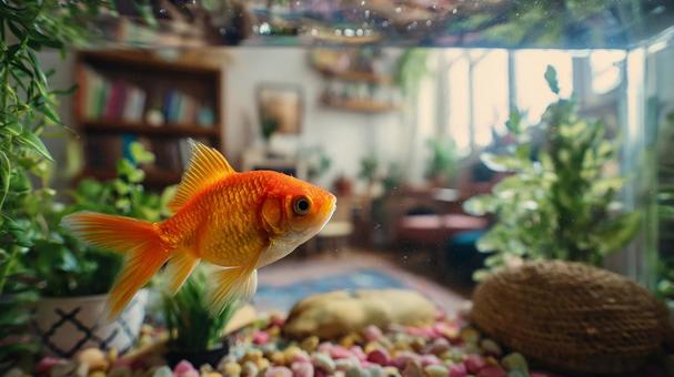 室内の水槽で飼育される癒やしの金魚 室内の水槽で飼育される癒やしの金魚の写真