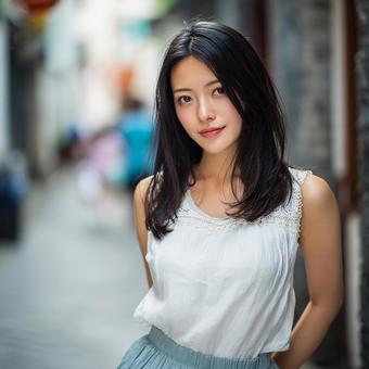 夏の日の散歩道:穏やかな表情の女性 夏の日の散歩道:穏やかな表情の女性の写真