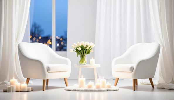 白いチューリップを飾る、夜の部屋の写真