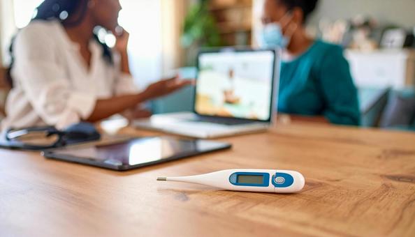 机に置かれたデジタル体温計の写真