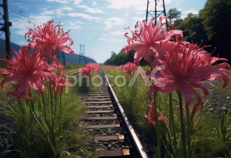 線路沿いに咲く彼岸花　秋の風景 彼岸花,花,秋の写真素材