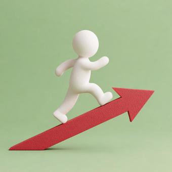 目標達成へ向かう白い人型と上向きの矢印 目標達成へ向かう白い人型と上向きの矢印の写真