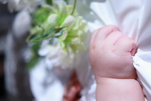 花を握る赤ちゃんの手 花を握る赤ちゃんの手の写真