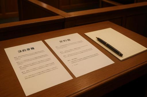 机の上の裁判書類 机の上の裁判書類の写真