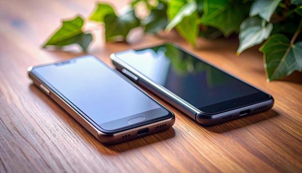 連絡交換のイメージ 机の上の携帯電話二台 連絡交換のイメージ 机の上の携帯電話二台の写真