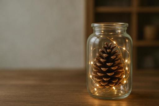 松ぼっくりとLEDライトの写真