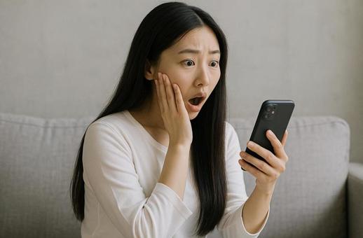 携帯を見て驚く女性 携帯を見て驚く女性の写真