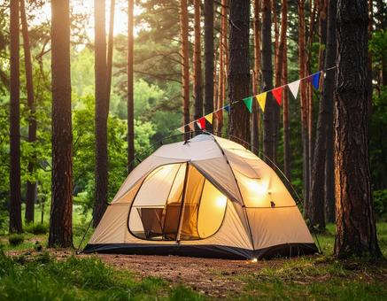 森の中のテントの写真