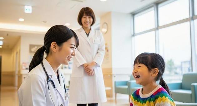 病院のロビーで子どもに話しかける医師 病院のロビーで子どもに話しかける医師の写真