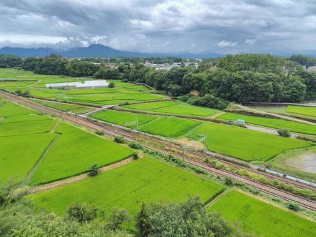 田園風景 田んぼ,線路,田園風景の写真素材