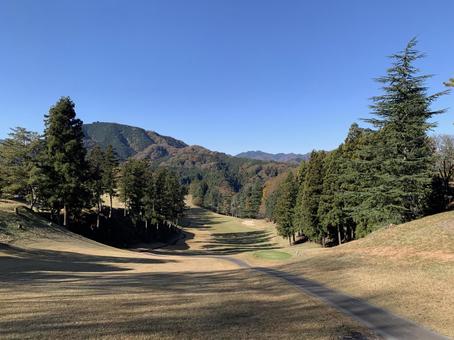 秋に囲まれたフェアウェイ 相模湖カントリークラブ,フェアウェイ,芝生の写真素材