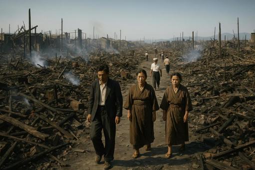 焼け跡の市街地の写真