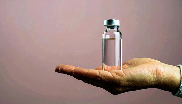薬の入ったガラスの薬瓶を持つ女性の手 薬の入ったガラスの薬瓶を持つ女性の手の写真