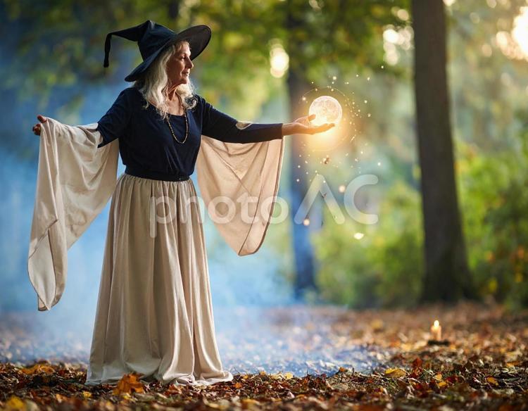 森で魔法を使う魔女 ハロウィン,halloween,魔女の写真素材