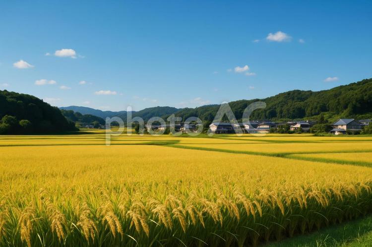 青空の下に広がる実りの田園風景 青空,田園,実りの写真素材