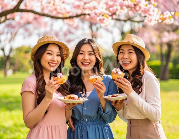 甘いひととき 女子会ピクニックでランチ 女子会,ピクニック,春の写真素材