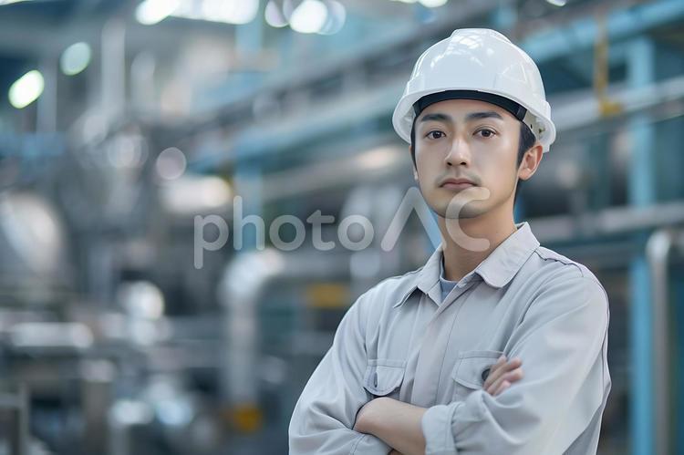 腕を組み真剣な表情を見せる若手工場作業員 工場作業員,若手,日本人男性の写真素材