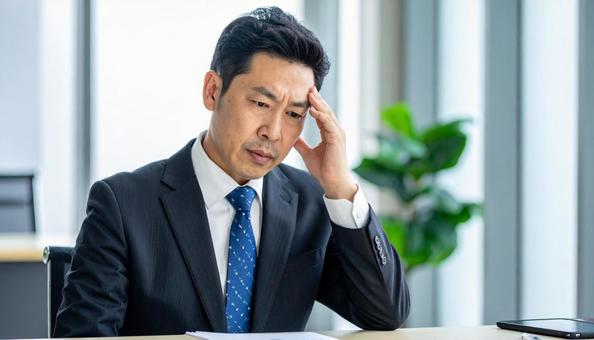 ビジネスイメージ　頭を抱えるビジネスマンの写真