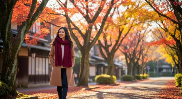 秋の旅行先で散策を楽しむおしゃれな女性 秋の旅行先で散策を楽しむおしゃれな女性の写真