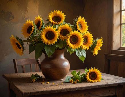 花瓶に咲くひまわりの静物画 花瓶に咲くひまわりの静物画の写真